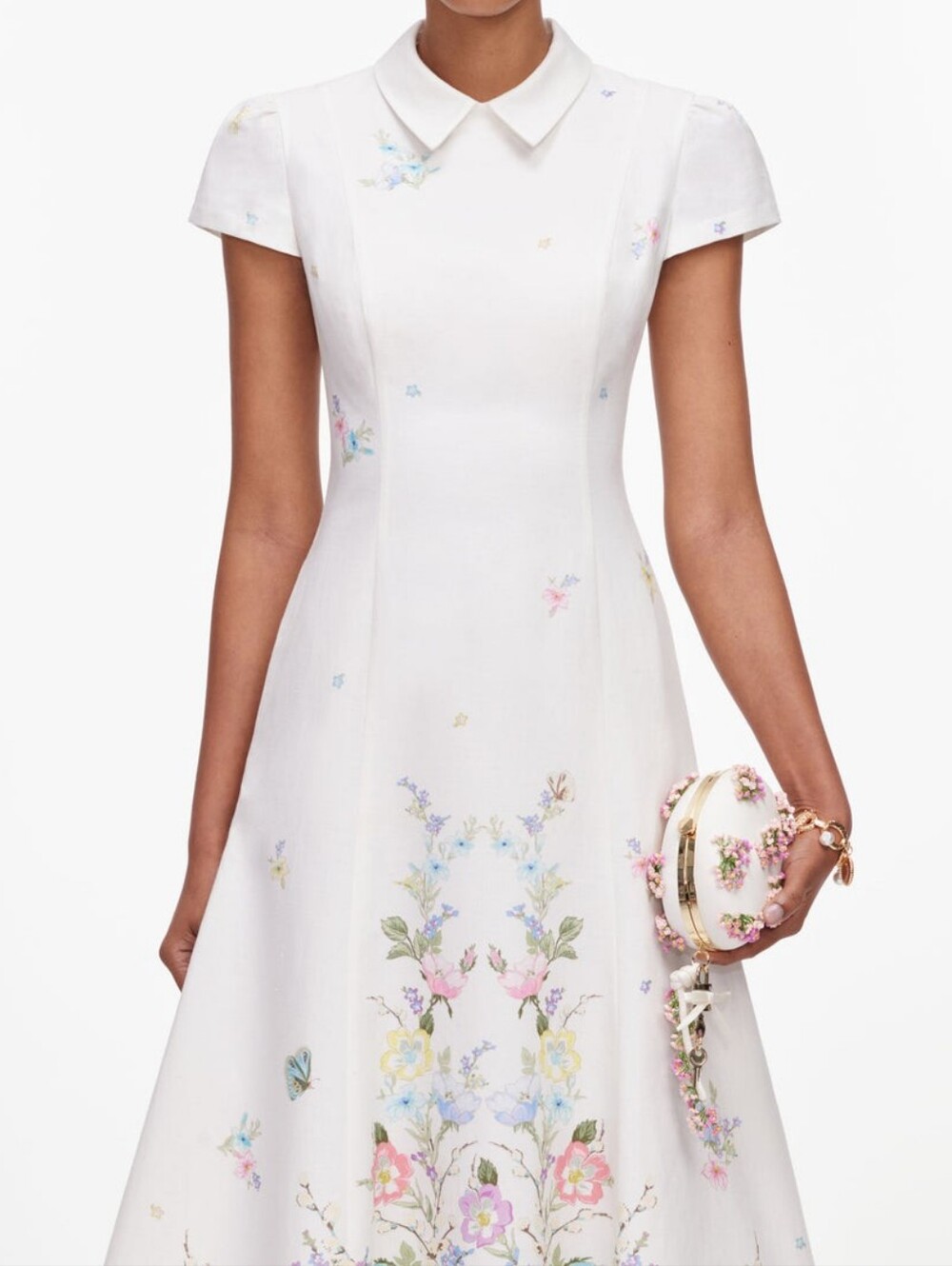 Self Portrait White Floral Linen Blend Midi Dress - Picture 4 of 7